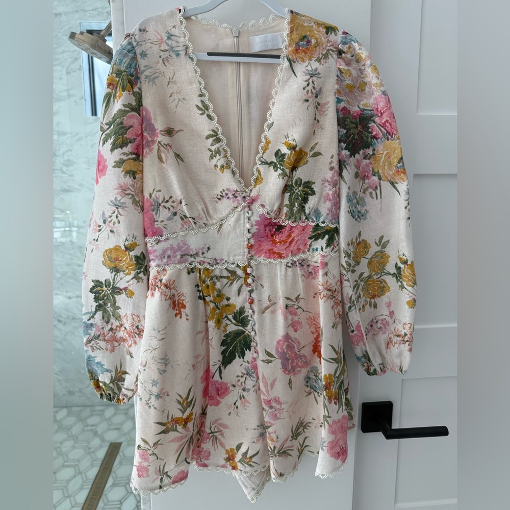 Zimmermann V-Neck Floral Romper with Long Sleeves